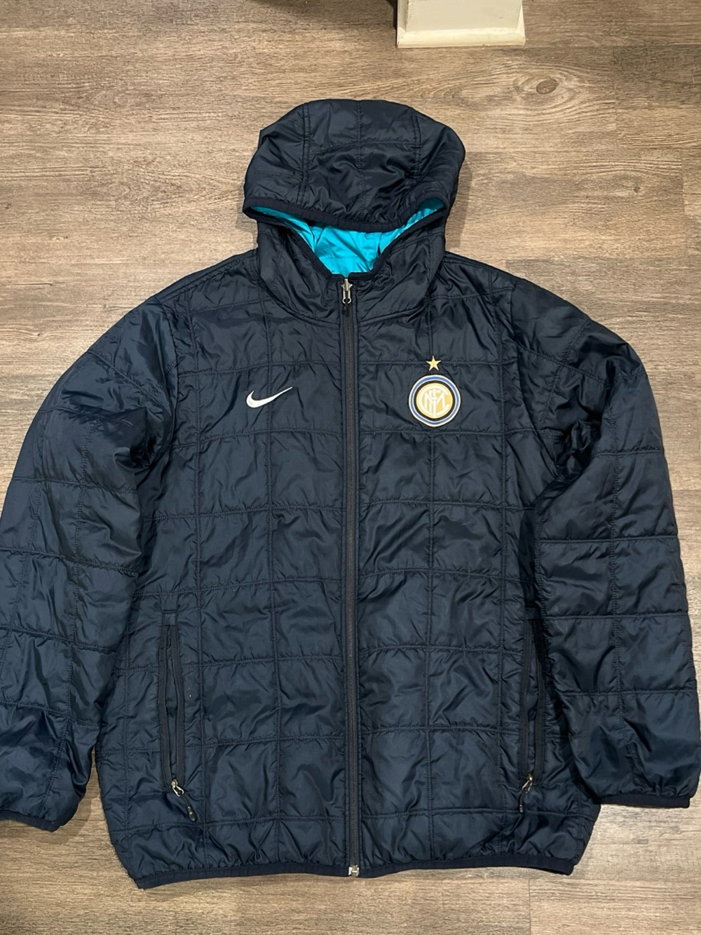 Nike inter Milan Soccer Reversible Navy Down Puffer Jacket with Turquoise Lining